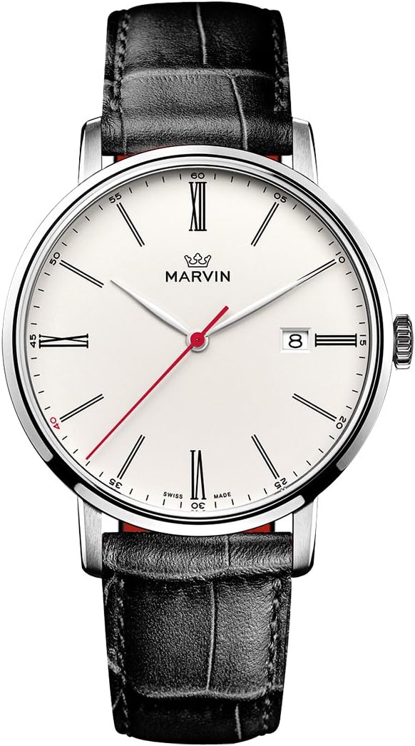 Marvin Swiss Movement Mens Casual Watches with Blue Dial and Leather Strap Waterproof