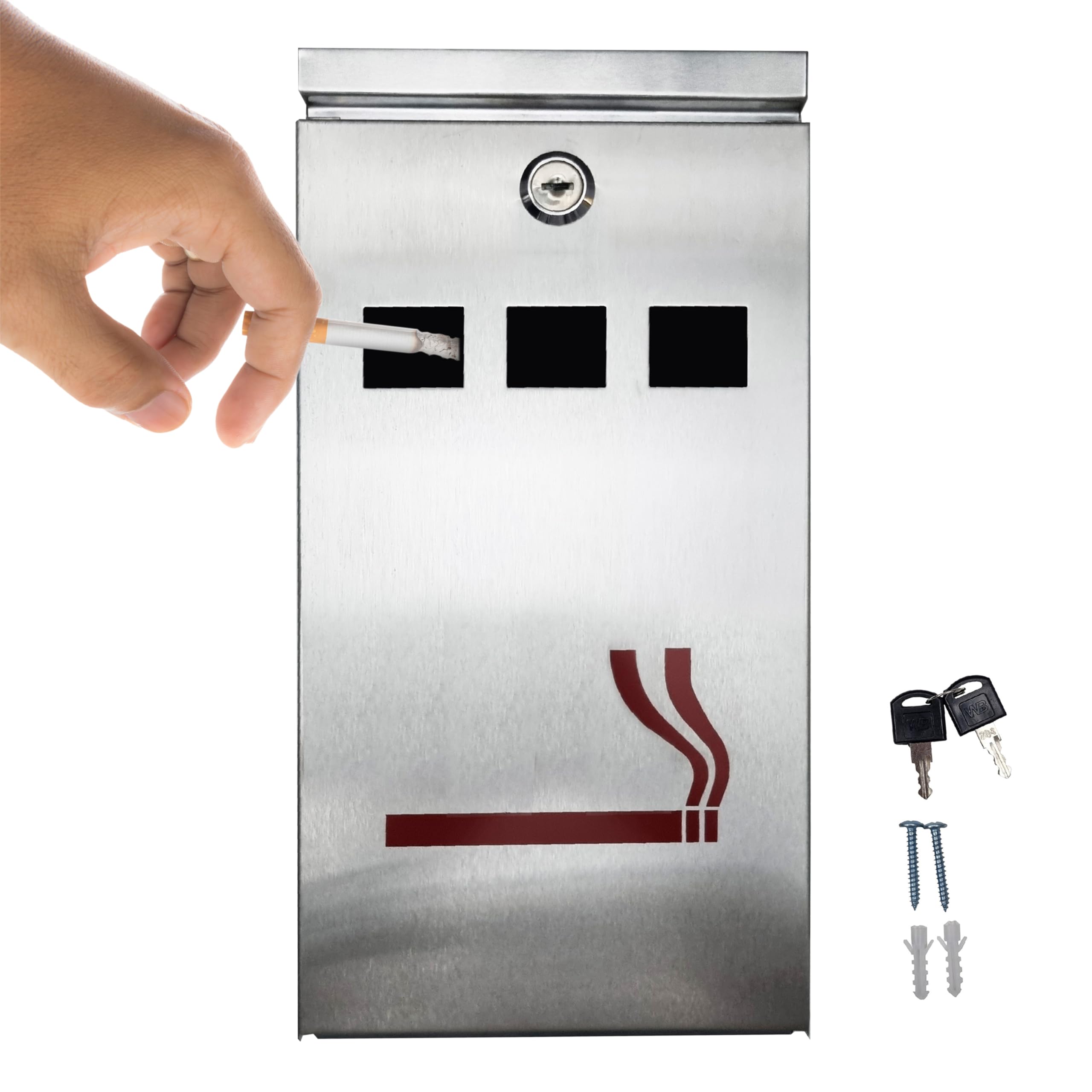 FURNISHED Outdoor Ashtray with Lid Waterproof - Large Ash Tray for Cigarette Cigar Weather Proof Wall Mounted Outside Ashtray with Lid or Bin Galvanized Steel Metal Lockable Smoking Bin, Silver