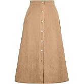 Leyoutx Women's Spring Fall High Waist Corduroy A-Line Slim Button Front Solid Color Midi Skirts