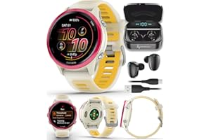 Garmin Forerunner 570 42mm Advanced GPS Running & Triathlon Smartwatch AMOLED Display Training & Recovery Features, Raspberry Aluminum w/Translucent Bone/Mango Band w/ Wearable4U Black Earbuds Bundle