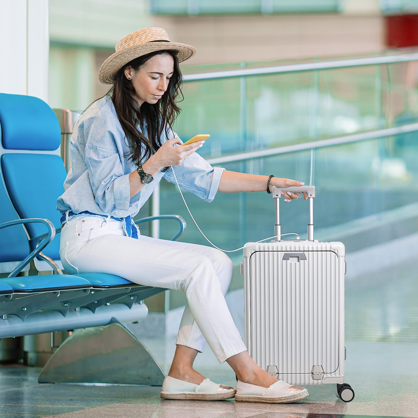 DwanNuts Carry On Luggage with Cup Holder and Usb Port, Aluminum Frame, Front Compartment, TSA Lock, 22x14x9 Airline Approved Hardside Suitcase with Spinner Wheels(White, 20-lnch)