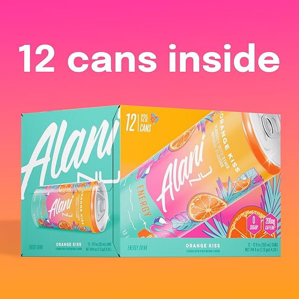 ALANI NU ORANGE KISS, SUGAR FREE, LOW CALORIE ENERGY DRINKS, 200MG CAFFEINE, BIOTIN, B VITAMINS, ZERO SUGAR, 10 CALORIES, 12 FL OZ CANS, 12 PACK