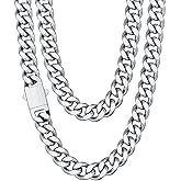 Fiusem Silver Tone/Black/14K Gold Plated Chain Necklace for Men, 5mm/6mm/7.5mm/8mm/9mm Stainless Steel Cuban Link Chain Necklace, Men's Chains 18-28 Inch