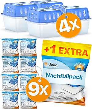 Idelia® 4x Luftentfeuchter + 9x 400g Nachfüllpacks - Raumentfeuchter für Bad, Keller uvm. bis 40m² + 9x Luftentfeuchter Granulat (4x Entfeuchter + 9x Nachfüllpacks) Baumarkt Fachhandel Qualität