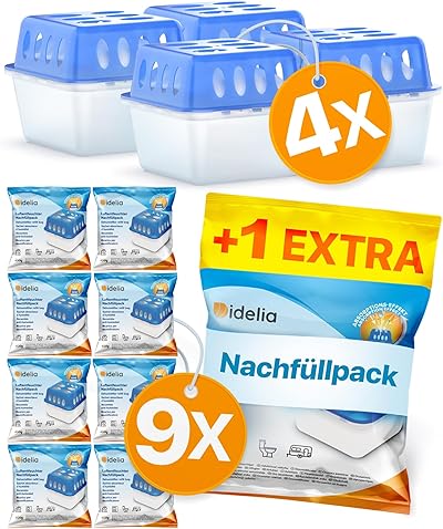 Idelia® 4x Luftentfeuchter + 9x 400g Nachfüllpacks - Raumentfeuchter für Bad, Keller uvm. bis 40m² + 9x Luftentfeuchter Granulat (4x Entfeuchter + 9x Nachfüllpacks) Baumarkt Fachhandel Qualität