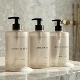 Stylish Shampoo &amp; Conditioner Dispenser Set of 3-20oz Bottles with Pump | Modern Shower Soap Bottles with Labels - Easy to Refill Body Wash Dispensers for an Instant Bathroom Decor Upgrade