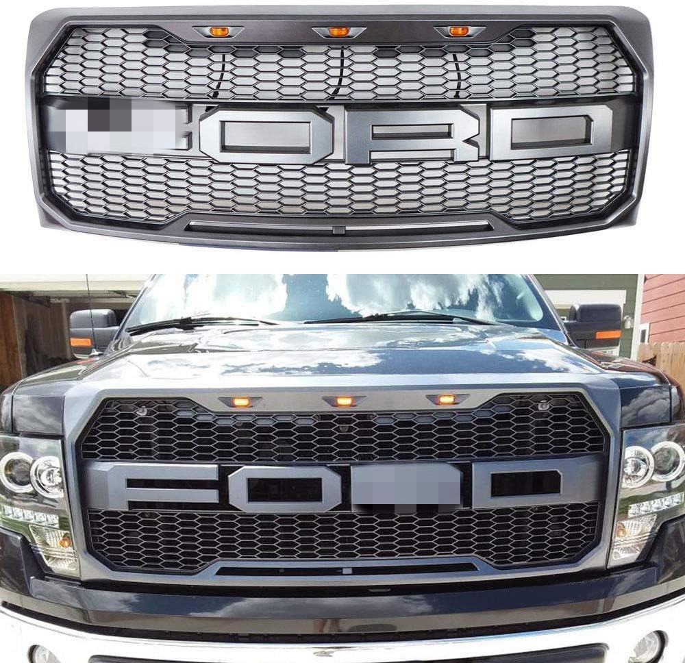 Raptor Style Grille For 2009-2014 Ford F-150 Front Grill Replacement Gray W/Amber LED Lights XL STX FX4