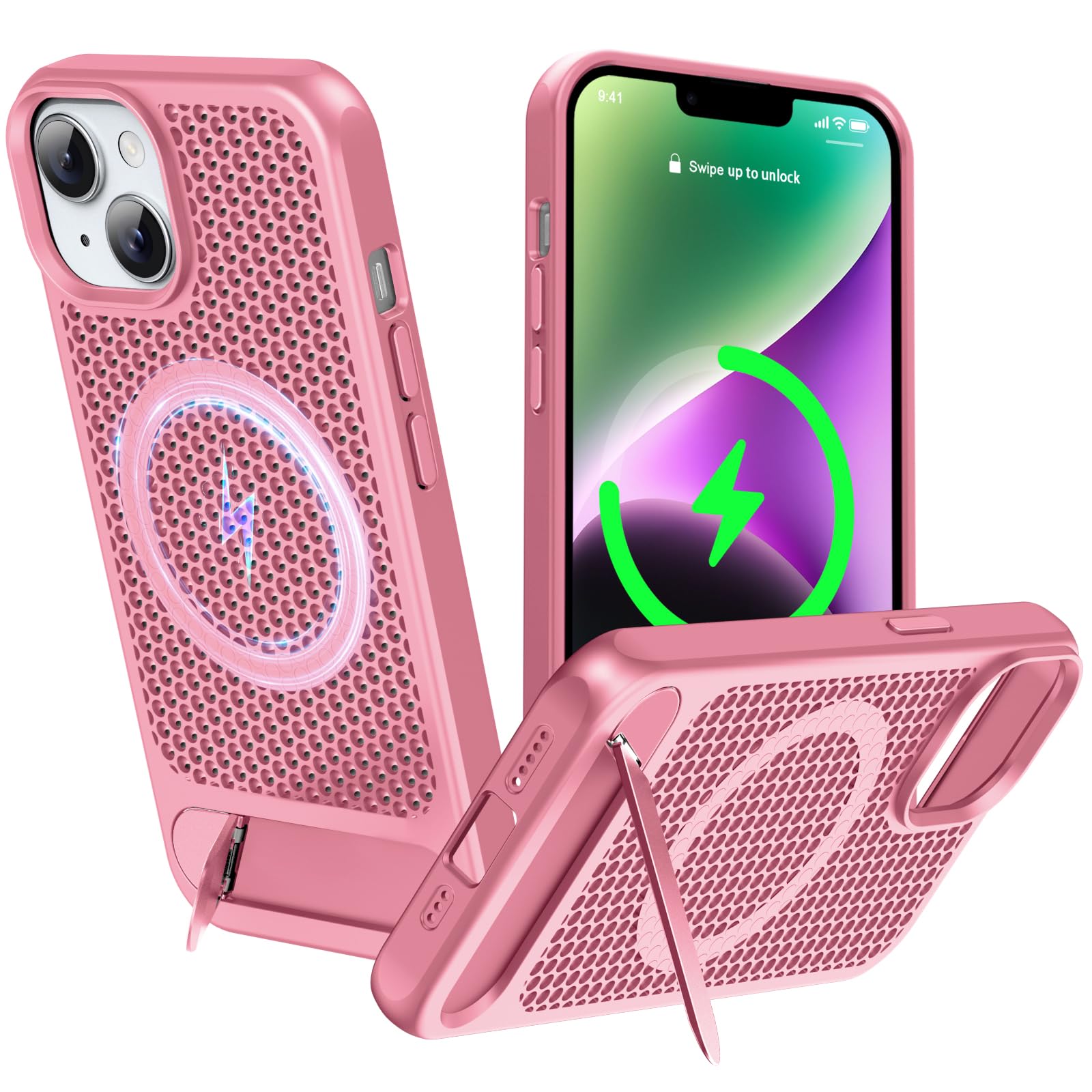 ZHOGTNEG for Magnetic Heat Dissipatio case for iPhone 14 Plus, for MagSafe, Coolingf Drop Protection, Adjustable Kickstand case, Ice Armour Cool Matte Material - Rose Pink