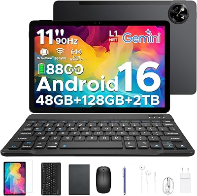 P11 Android 16 Tablet 11 Pulgadas, 48GB RAM + 128GB ROM/2TB TF, T7250 Octa-Core, 90Hz, 8800mAh, 13MP+5MP, Gemini AI, Widevine L1, Face ID, GPS, OTG, Doble altavoz, Tablet con Teclado y Lápiz, Negro