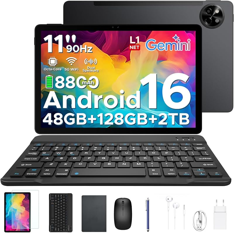 P11 Android 16 Tablet 11 Pulgadas, 48GB RAM + 128GB ROM/2TB TF, T7250 Octa-Core, 90Hz, 8800mAh, 13MP+5MP, Gemini AI, Widevine L1, Face ID, GPS, OTG, Doble altavoz, Tablet con Teclado y Lápiz, Negro