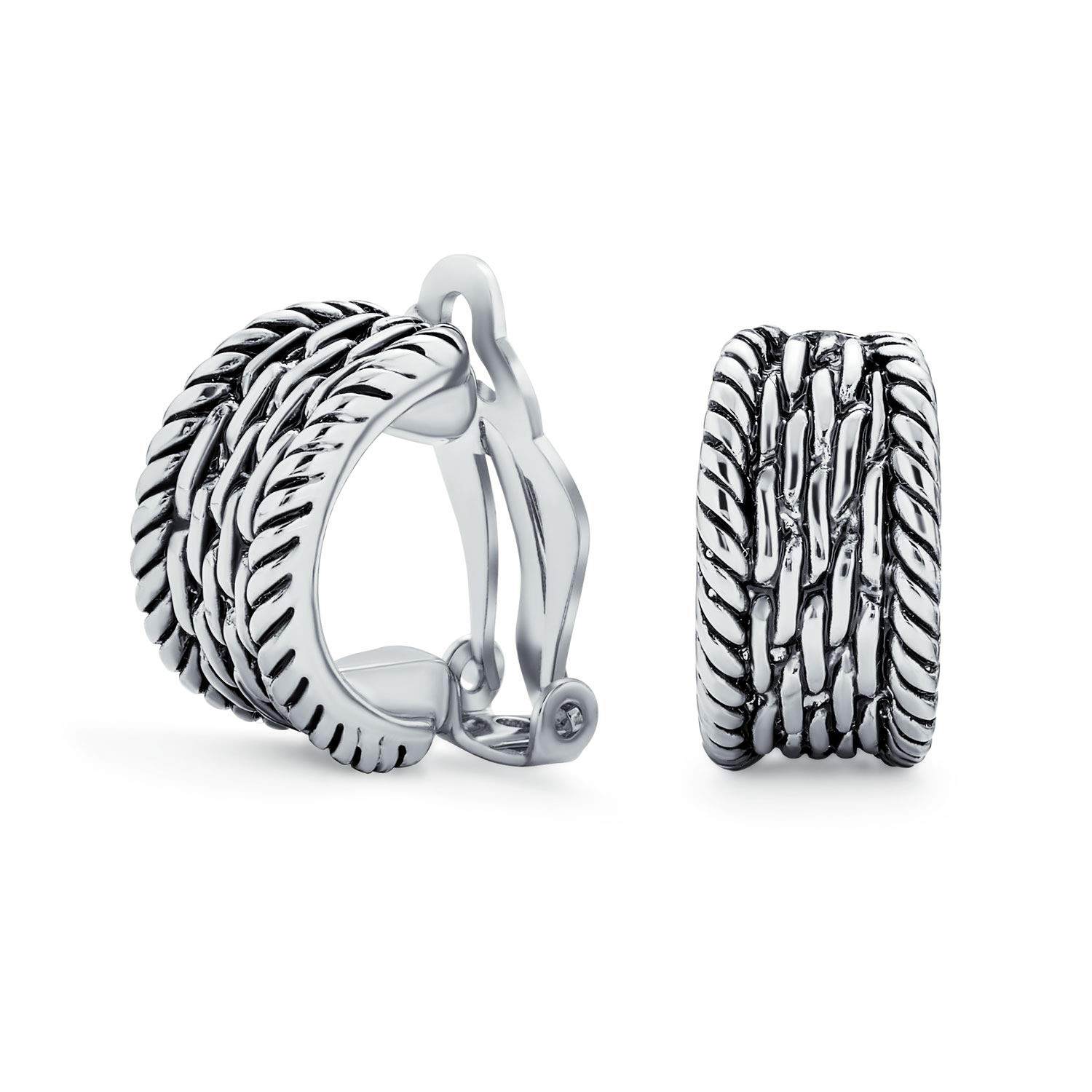 Twisted Cable Chain Weave Half Hoop Clip On Earrings Button Style Non Pierced Ears Oxidized Sliver Tone Plated Brass — image 1