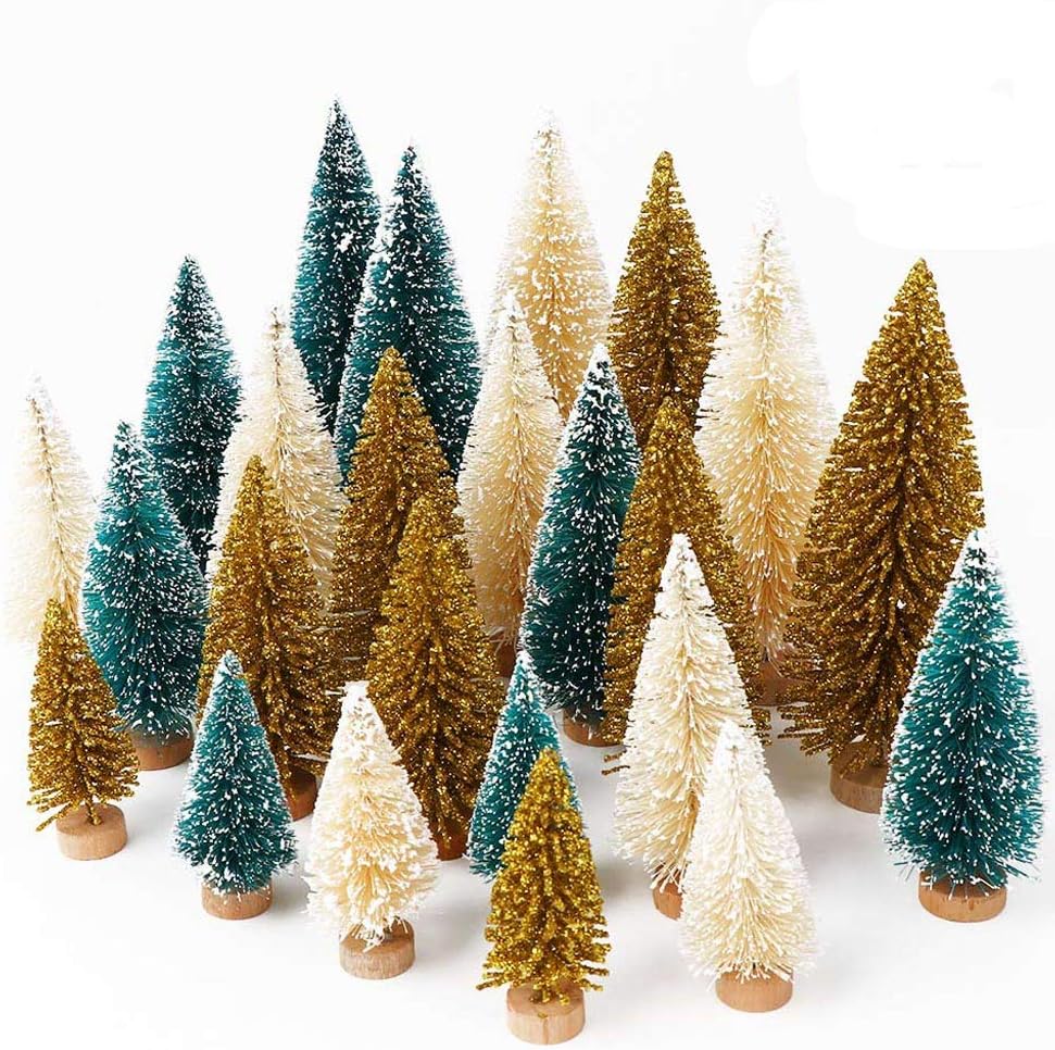 Trees - OurWarm 24Pcs Artificial Frosted Sisal Christmas Tree, Bottle Brush Trees with Wood Base DIY Crafts Mini Pine Tree for Christmas Home Table Top Decor Winter Ornaments Green, Gold and Ivory