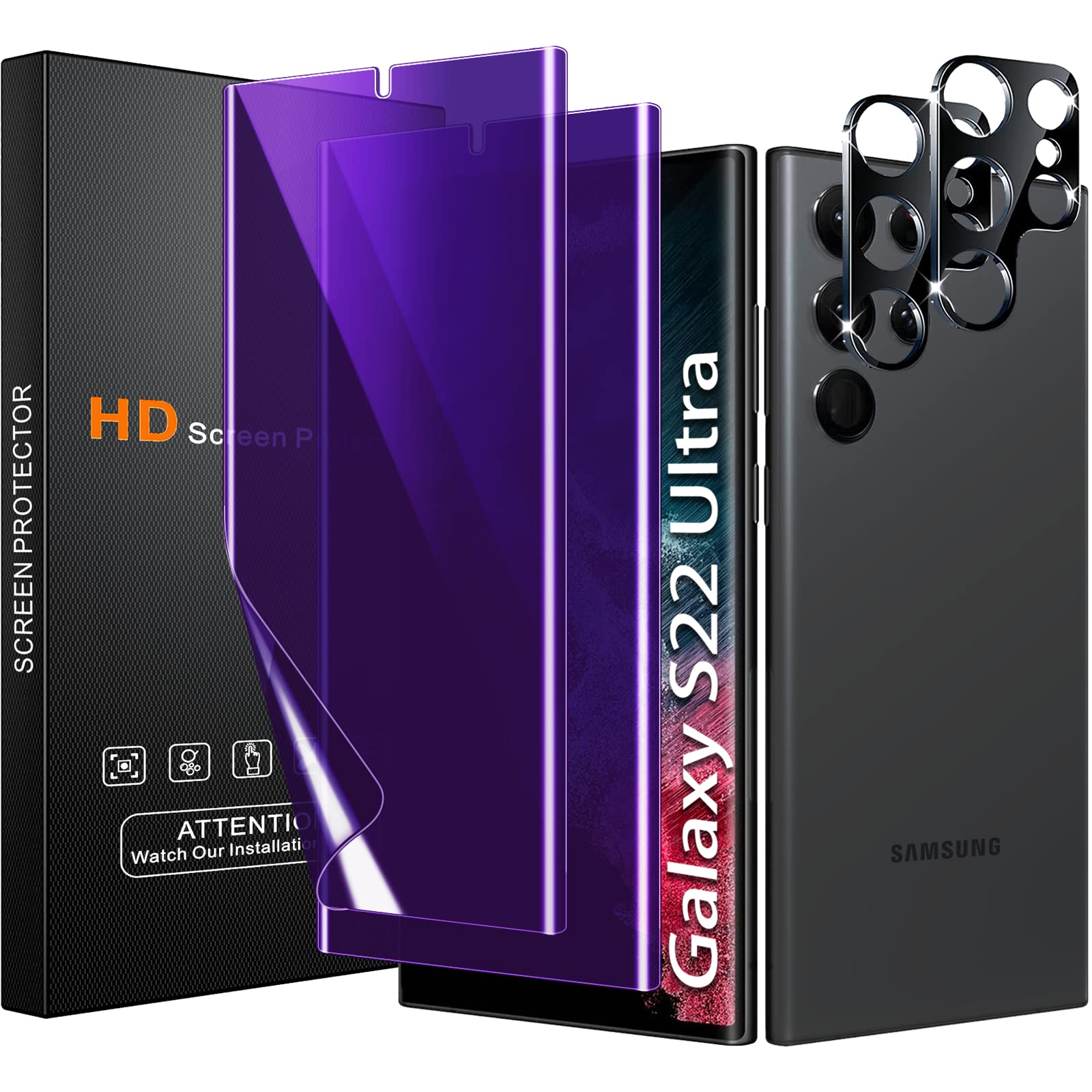 Photo 1 of [2+2 Pack] Lesakit Anti-Blue Light Privacy Screen Protector for Samsung Galaxy S22 Ultra 6.8 inch with 2 Pack Camera Lens Protector, [Support Fingerprint ID] Anti Spy TPU Flexible Screen Protector-