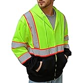 Wuple Hi Vis Safety Hoodie Class 3 High Visibility Sweatshirt for Men Reflective Zip Up Sweater with Black Bottom, Yellow, L