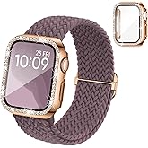 Braided Stretchy Band Compatible for Apple Watch Bands for Women and Case 40mm 41mm 42mm 44mm 45mm 46mm, Solace Solo Loop Bling Diamond Screen Protector Cover for iWatch Series 11 10 9 8 7 SE 6 5 4