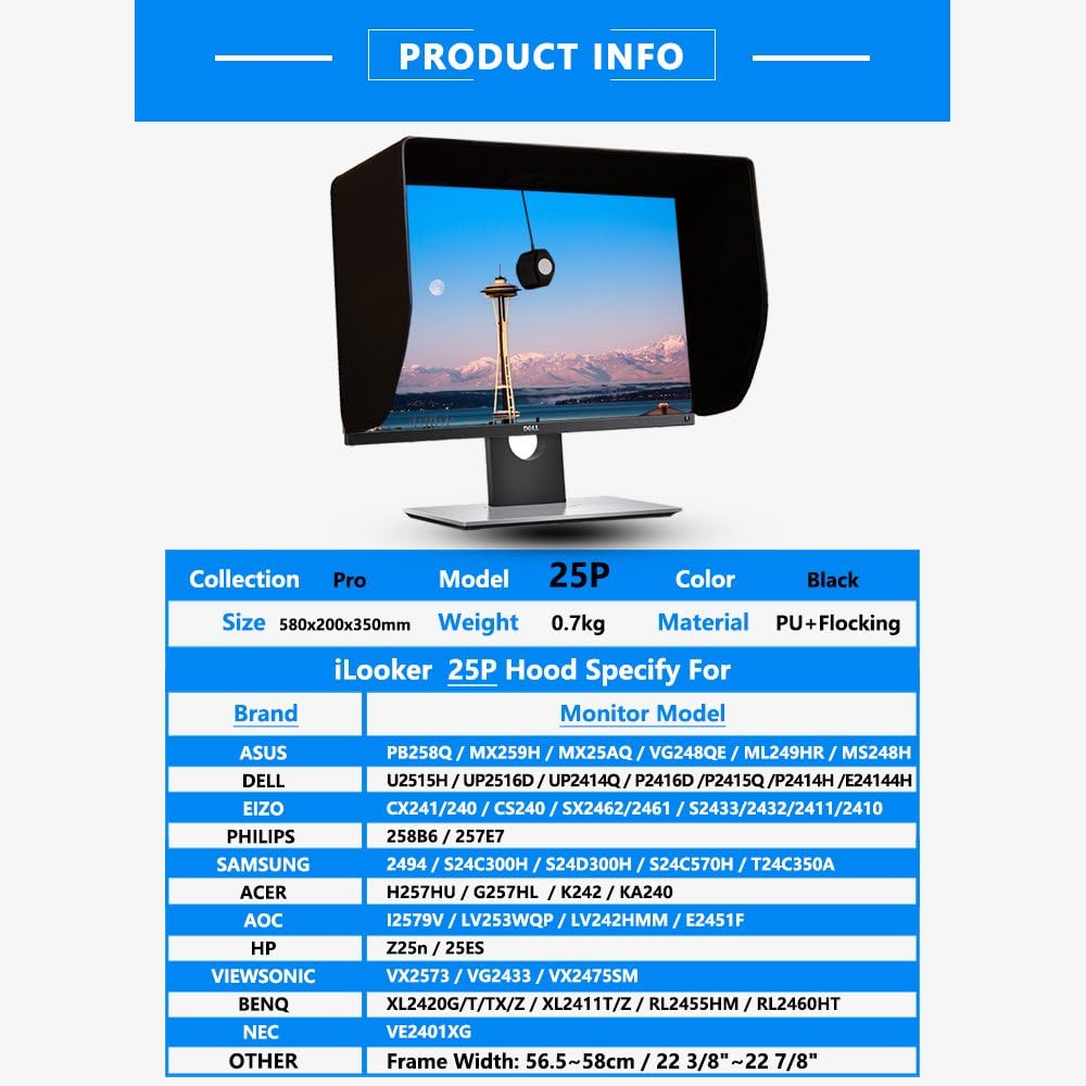 iLooker 25P 25-inch Thick Frame LCD LED Video Monitor Hood Sunshade Sunhood for Dell HP Viewsonic Philips Samsung LG EIZO NEC ASUS ACER BENQ AOC LENOVO iMac - Image 3