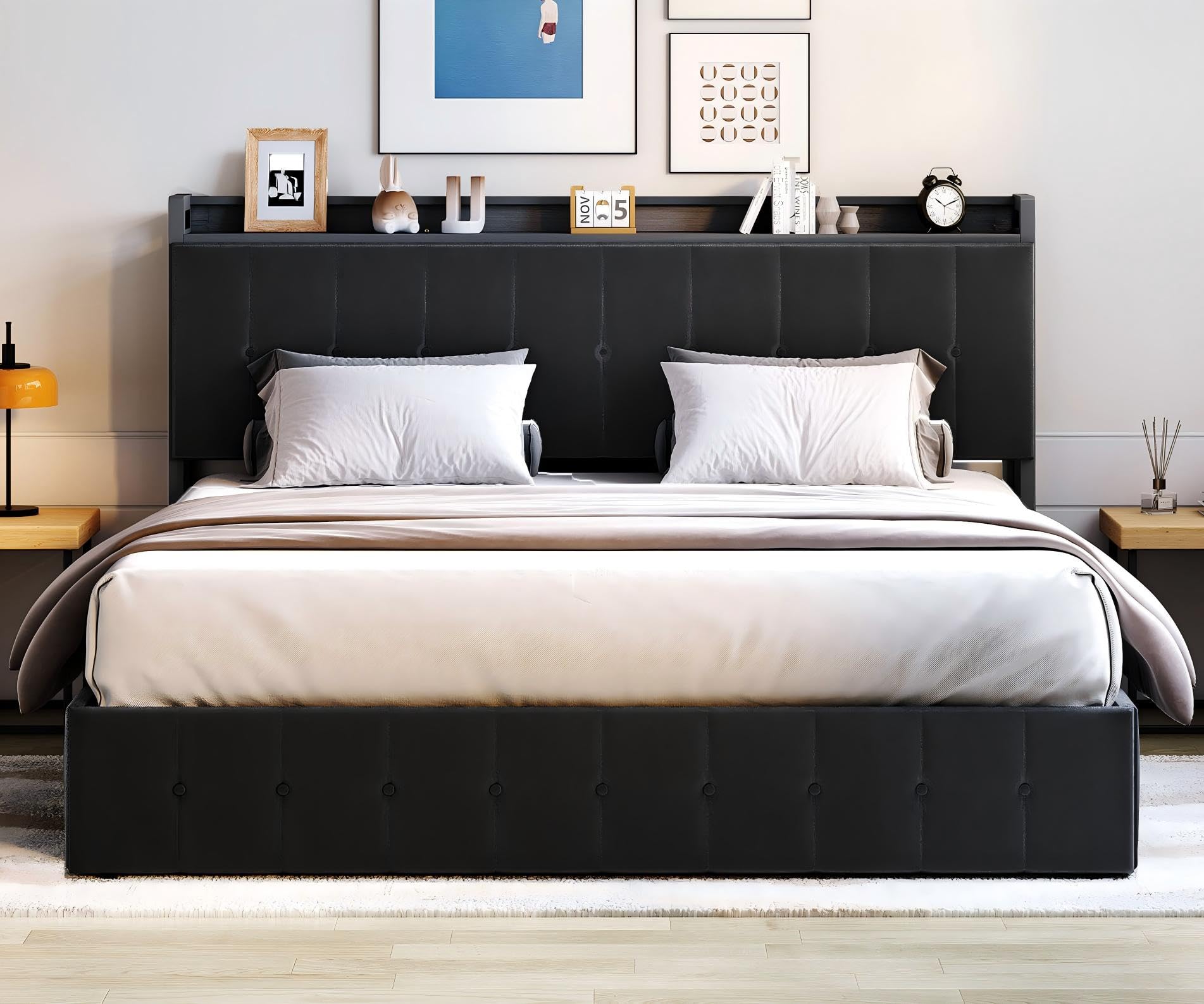 Photo 1 of GarveeHome King Bed Frame with Lift Up Storage, Upholstered Velvet Bed with Storage Headboard, Metal Platform Bed, Hydraulic Support, No Box Spring Needed, Black