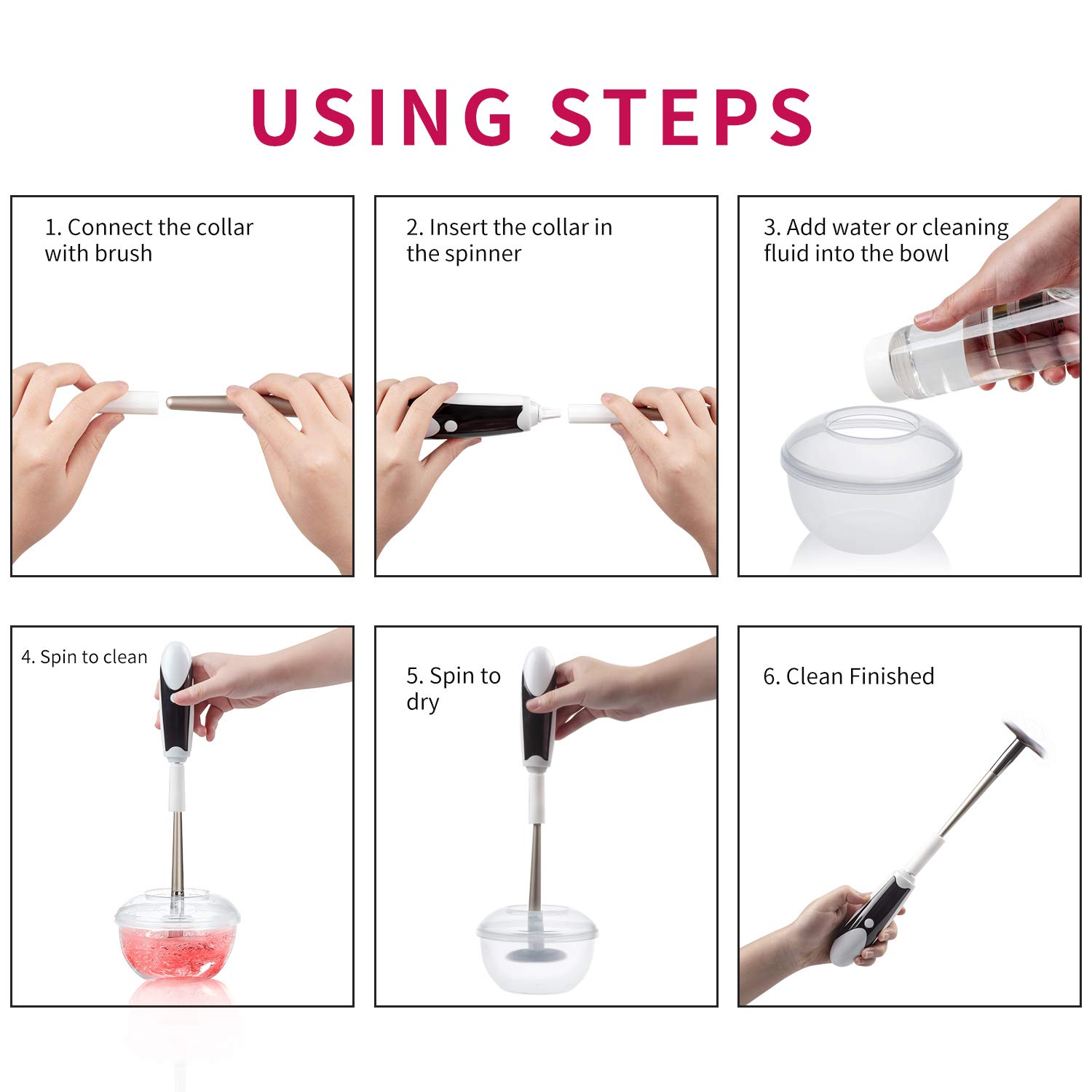 Electric Makeup Brush Cleaner and Dryer Spinner with 6 Rubber Holders, Automatic Brushes Cleaner Machine Kit - Quick, Easy and Effortless Way to Deep Cleans Dries All Makeup Brushes in Seconds