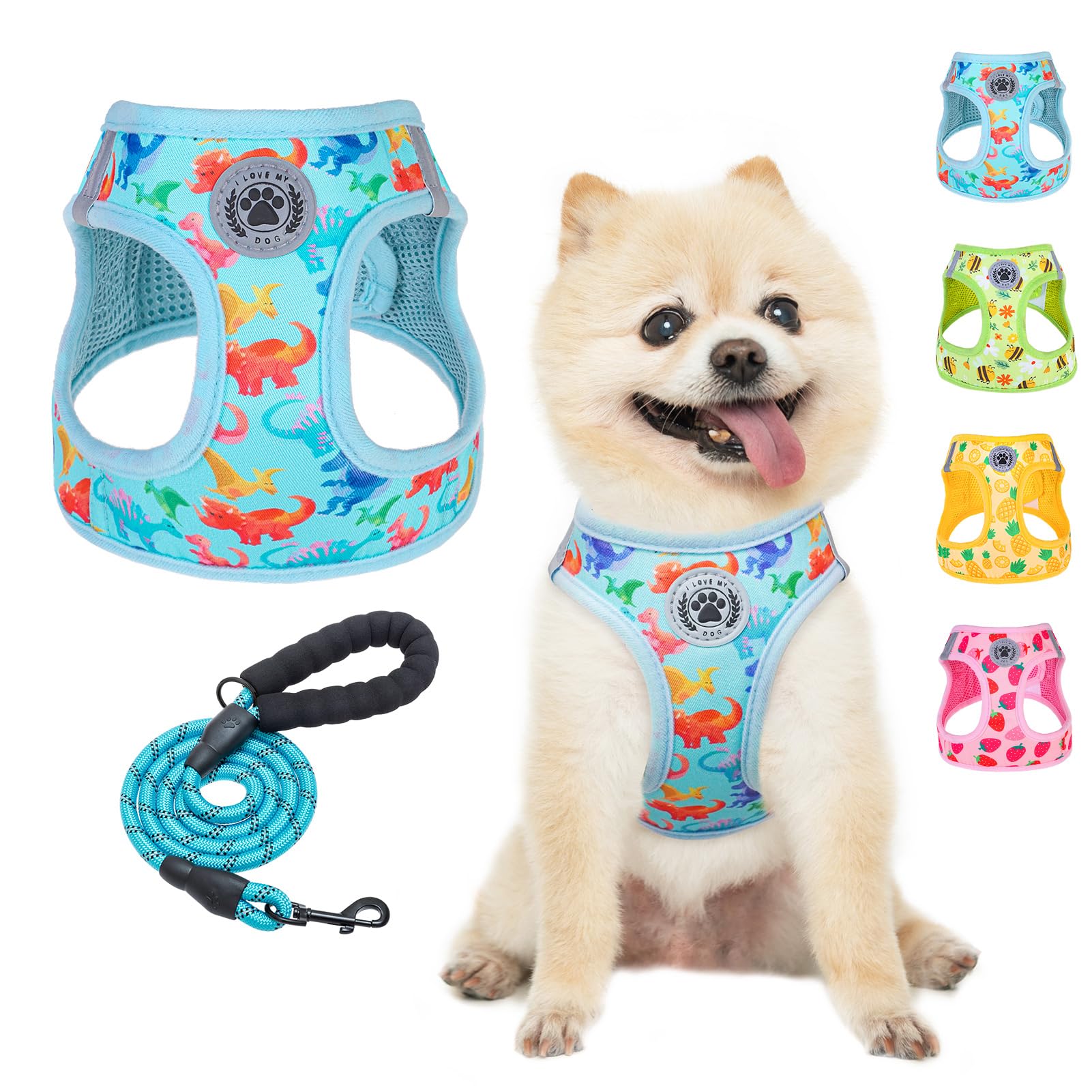 BEAUTYZOO Dinosaurs Pattern Dog Harness and Leash Set, Reflective, No-Pull, Medium (Chest Girth 16" - 18") — image 1