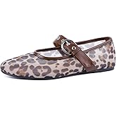 Migpuel Leopard Mesh Flats for Women Round Toe Mary Jane Ballet Flats Buckle Strap Slip On Casual Breathable Ballerina Shoes