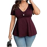 SOLY HUX Women's Plus Size Peplum Tops Casual Ruched Ruffle V Neck Short Sleeve T Shirts Cute Tees