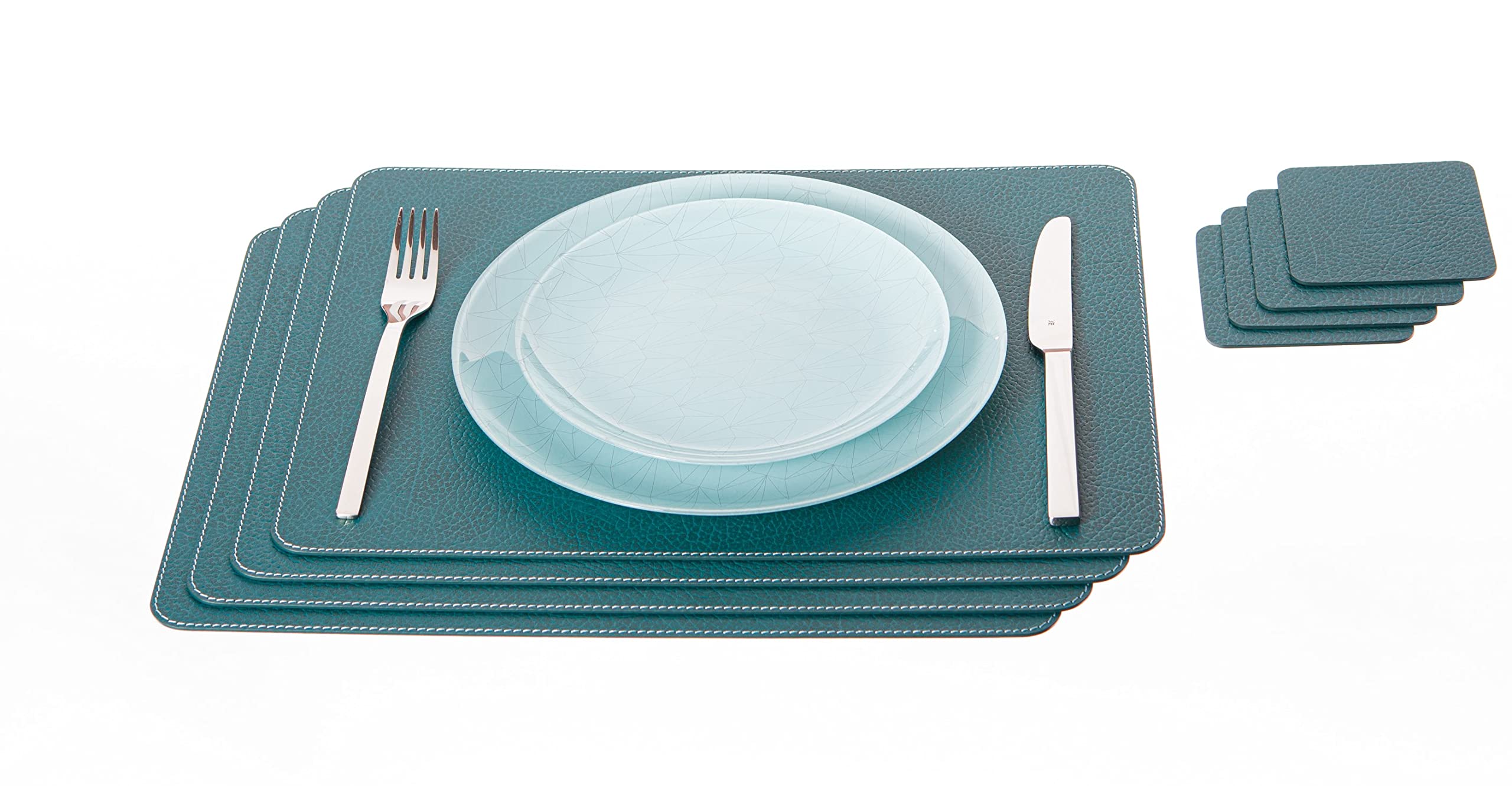 Nikalaz Set of Placemats and coasters, 4 table mats and 4 coasters, Place Mats, Recycled leather (Petroleum Green, 40 x 30 cm)