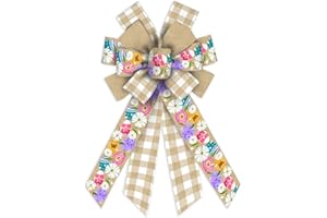HEUREPPY Large Easter Wreath Bows Easter Burlap Linen Bows Easter Egg Flower Brown White Plaid Fabric Ribbon Bows for Wreath Easter Decor Bows for Easter Spring Party Indoor Outdoor Wreath Decoration Supplies