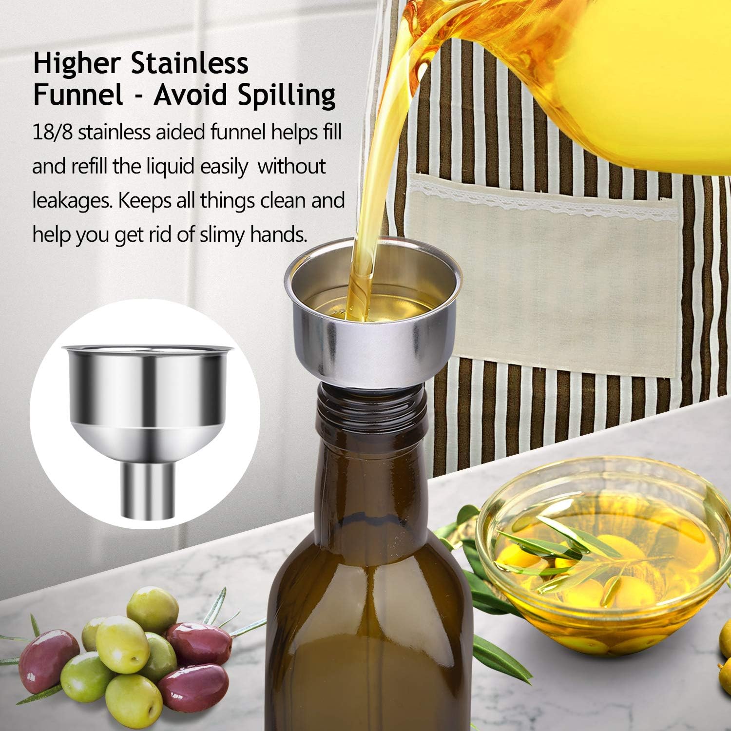 Aozita 17oz Glass Olive Oil Bottle - 500ml Dark Brown Oil & Vinegar Cruet with Pourers and Funnel - Olive Oil Carafe Decanter for Kitchen: Kitchen & Dining