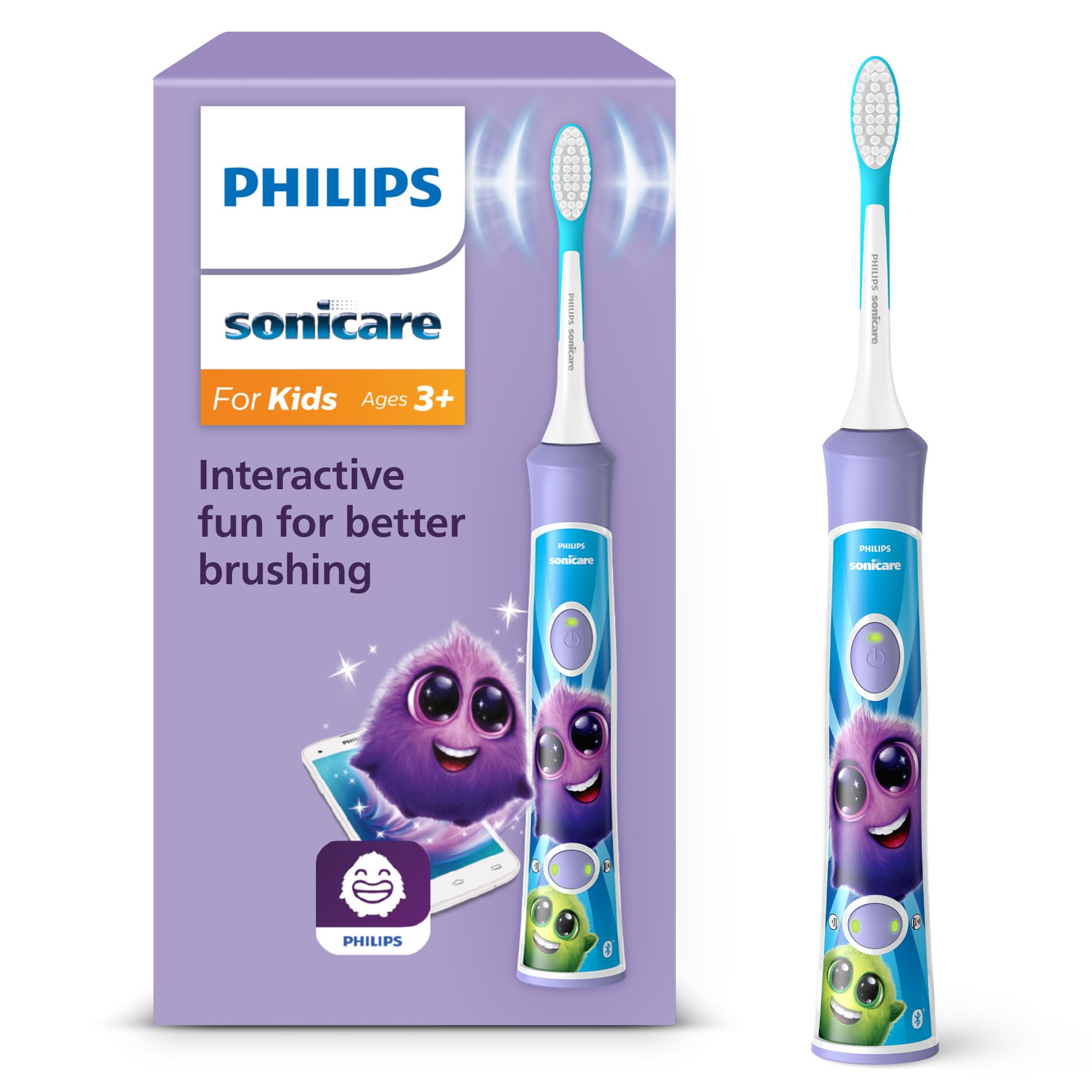 Philips Sonicare For Kids, brosse à dents électrique sonique avec appli, pour enfants de 3 ans et plus, avec KidTimer et KidPacer pour un brossage minutieux, violet, modèle HX6322/12