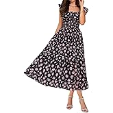 GRACE KARIN Women's Summer Floral Midi Dress,Square Neck Wedding Guest Party Dresses,Ruffle Sleeve Smocked Vacation Outfit