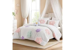 URBAN HABITAT KIDS Intelligent Design Kids Full Comforter Set for Girls, Tufted Chenille Floral Comforter Set Queen, Lightweight Polka Dot Reversible Bed Set, Shams, Pillow, Gracie, Full/Queen White/Purple 4 Piece