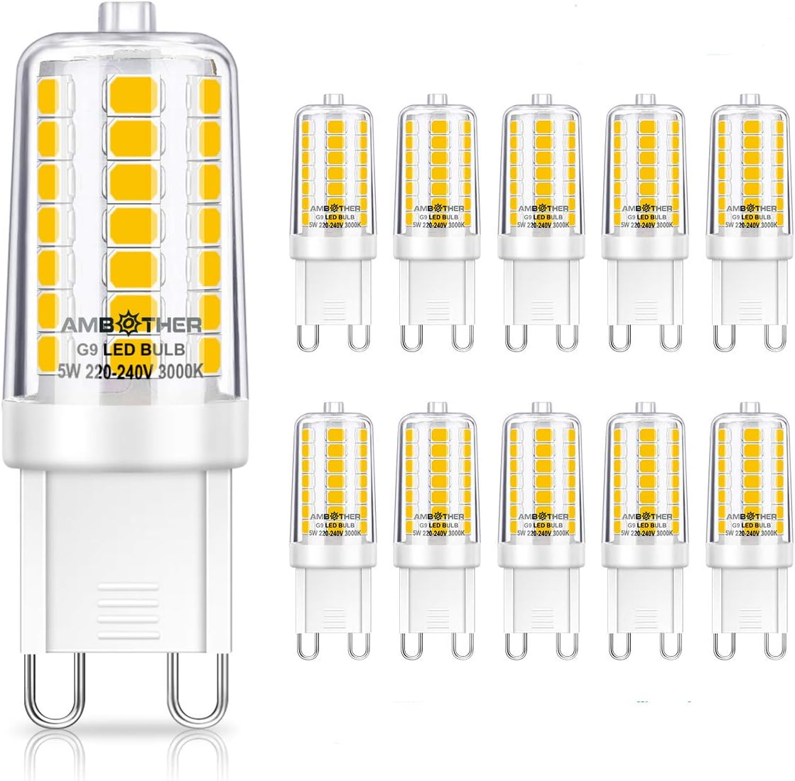 AMBOTHER G9 LED Bulbs, 5W, Equivalent to 40W Halogen Bulbs, Warm White 3000K, 500 LM, Non-Dimmable, No Flicker, Energy Saving LED Lamps for Home Ceiling, CRI>85, Pack of 10 [Energy Class A+]