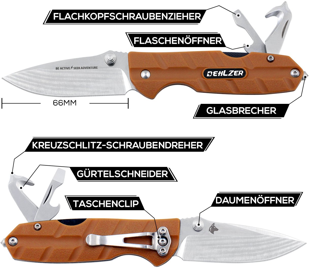 Klapp Taschenmesser mit Schärfer und Tasche - Multi Tool Nicht-Verriegelungs-Taschenmesser mit Gürtelclip, Flaschenöffner, Gürtelschneider, 2x Schraubendreher - Ideal für Camping und Notsituationen - von Dehlzer