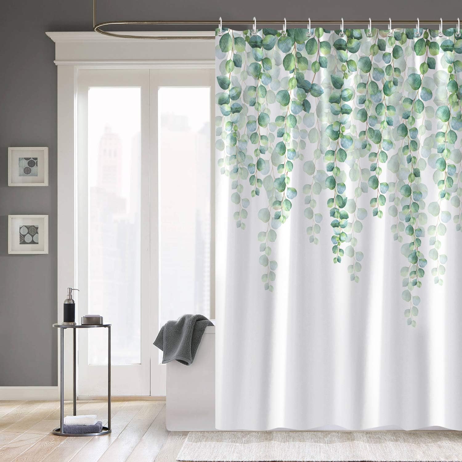 Bonhause Eucalyptus Green Leaves Shower Curtain 180 x 180 cm Leaf Plants Bathroom Curtain Waterproof Mildew & Mould Resistant Polyester Fabric Bath Curtain with 12 Hooks - Image 3
