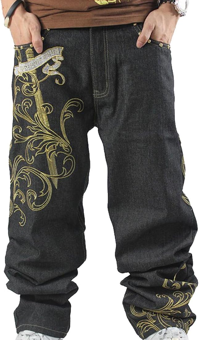 Men's Vintage Hip Hop Wings Embroidery Baggy Loose Fit Jeans Waist 48" Black