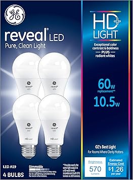 Ge Lighting 93445 Bulb Reveal Hd Pure Clean Light Dimmable Led A19 10 5 60 Watt Replacement 570 Lumen Medium Base 4 Pack Led Bulbs Amazon Canada