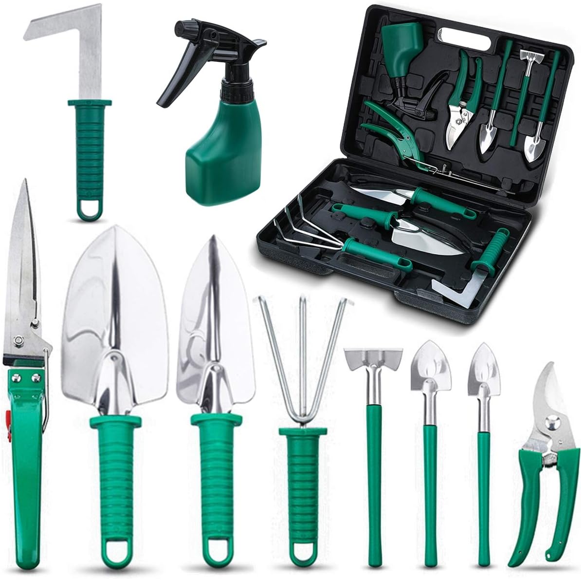 NASUM 10 Pieces Garden Tools Set - Stainless Steel Gardening Tool Case with Trowel Pruner,Rakes, Shovels,Secateurs,Weeding Knife and more,Vegetable Herb Garden Hand Tools,Gifts for Women&Man