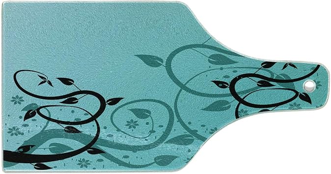 Amazon Lunarable ティールまな板 抽象的な花柄 モダンなイラスト 巻き毛のつる植物 強化ガラスサービングボード ワインボトル型 Mサイズ ブラックティール Lunarable まな板 カッティングボード