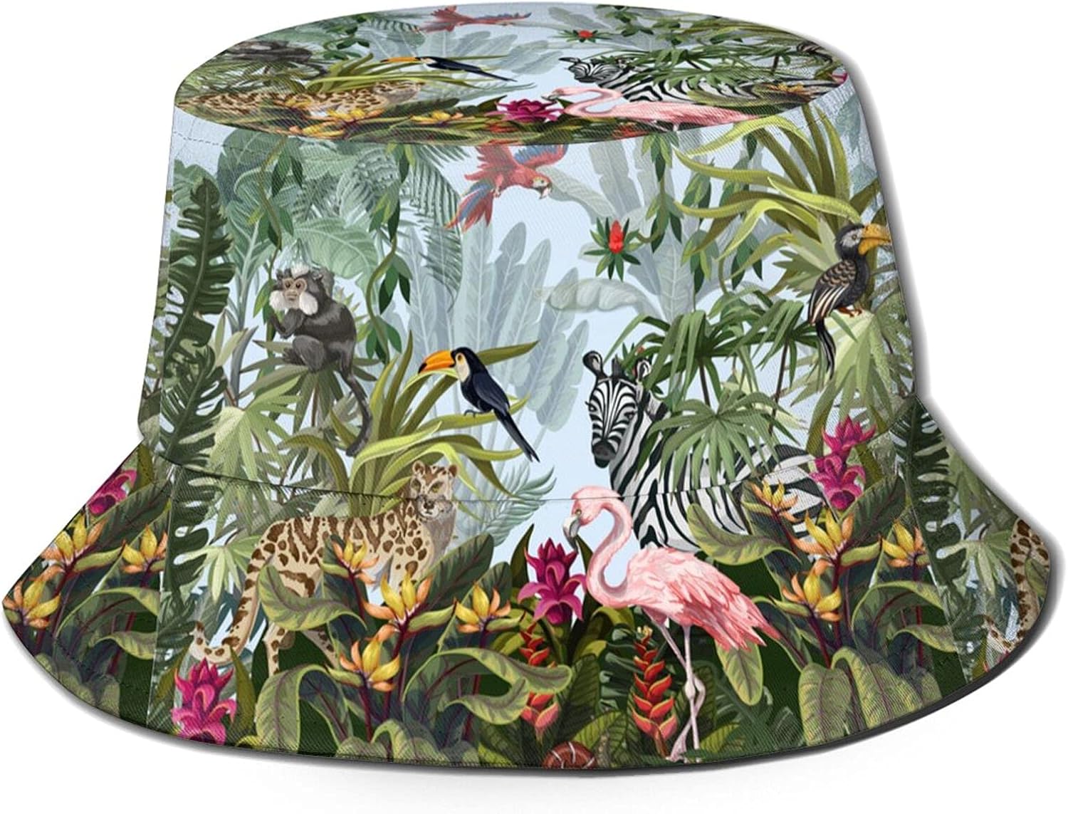 Fashion Bucket Hat,Jungle Landscape Wild Animals Sun Hat Cute Outdoor Foldable Wide Brim