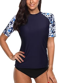 BeautyIn Damen Schwimmshirt Kurzarm UV Shirt Rash Guard Drucken Badeshirt UPF 50+