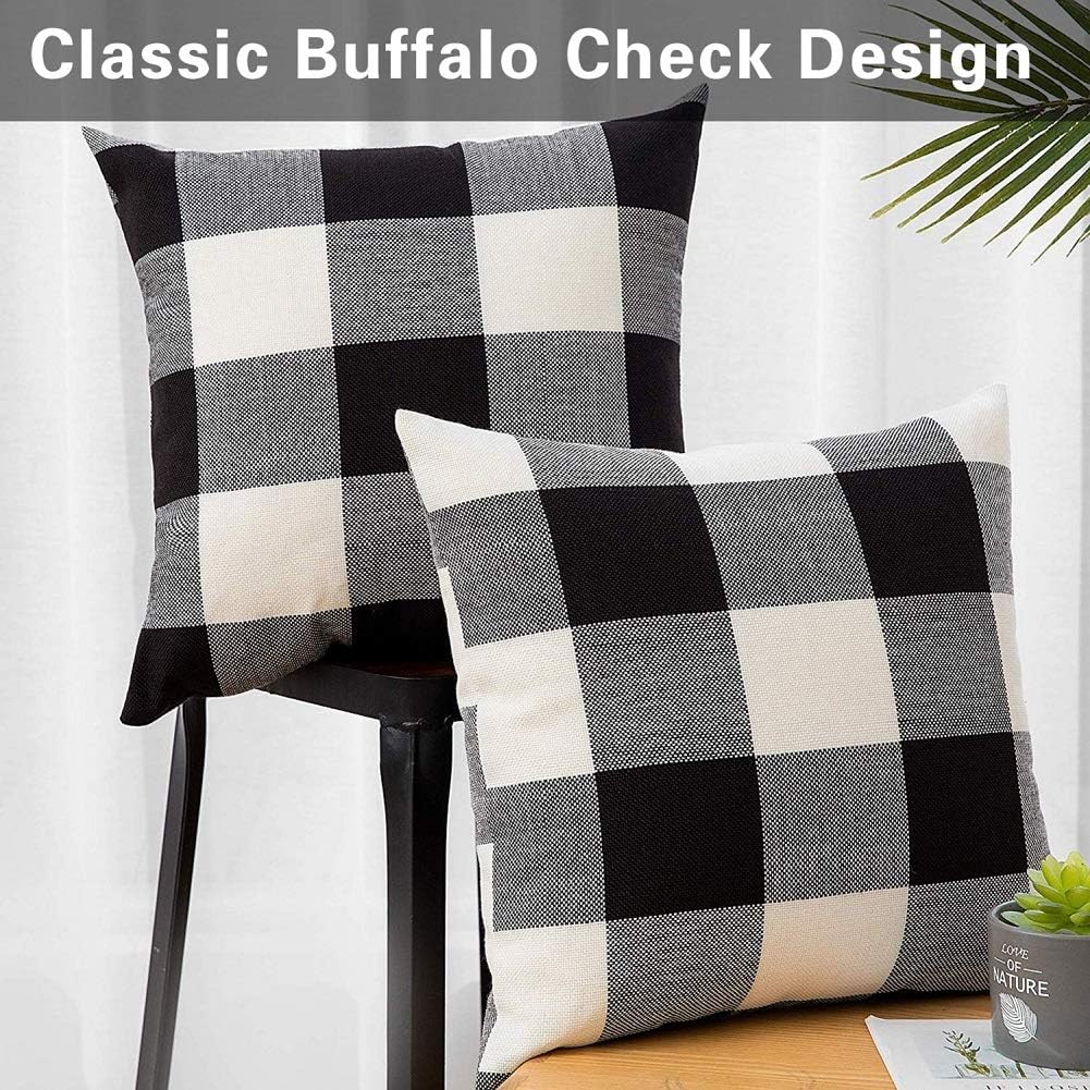 Burlap Farmhouse Decor Buffalo Checkers Plaid Cotton Linen Decorative Throw Pillow Cover Rustic Cushion Cover Pillowcase for Sofa 18 x 18 Inch, Set of 2 (Black/White, 18"×18"): Kitchen & Dining