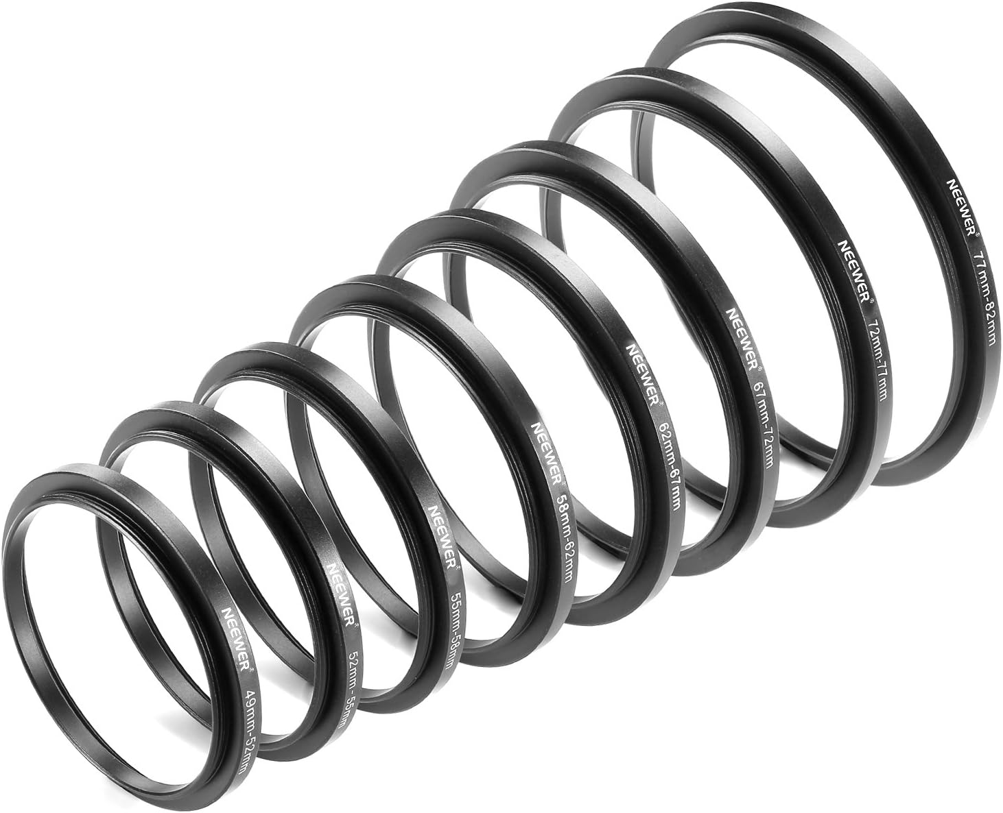 Neewer® 8 Pieces Step-up Adapter Ring Set Made of Premium Anodized Aluminum, includes: 49-52mm, 52-55mm, 55-58mm, 58-62mm