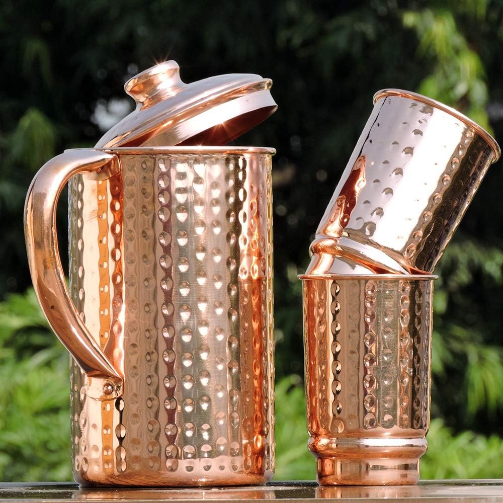 Pure Copper Ayurveda Pitcher and Tumbler Set - Hammered Design Jug with 2 Tumbers - Image 5