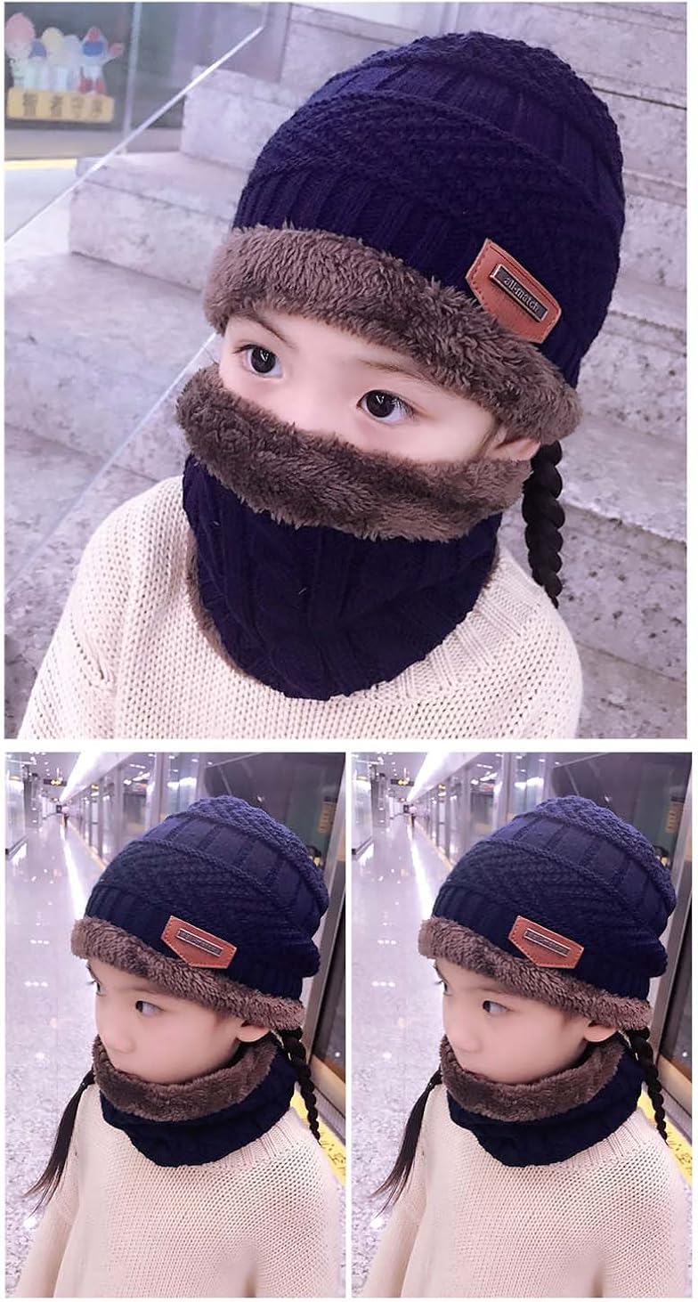 Winter Hat Scarf for Boys Girls Kids (5-14 Years) Slouchy Beanie Windproof Warm Knit Snow HINDAWI Infinity Scarf Skull Cap Navy Blue: Clothing