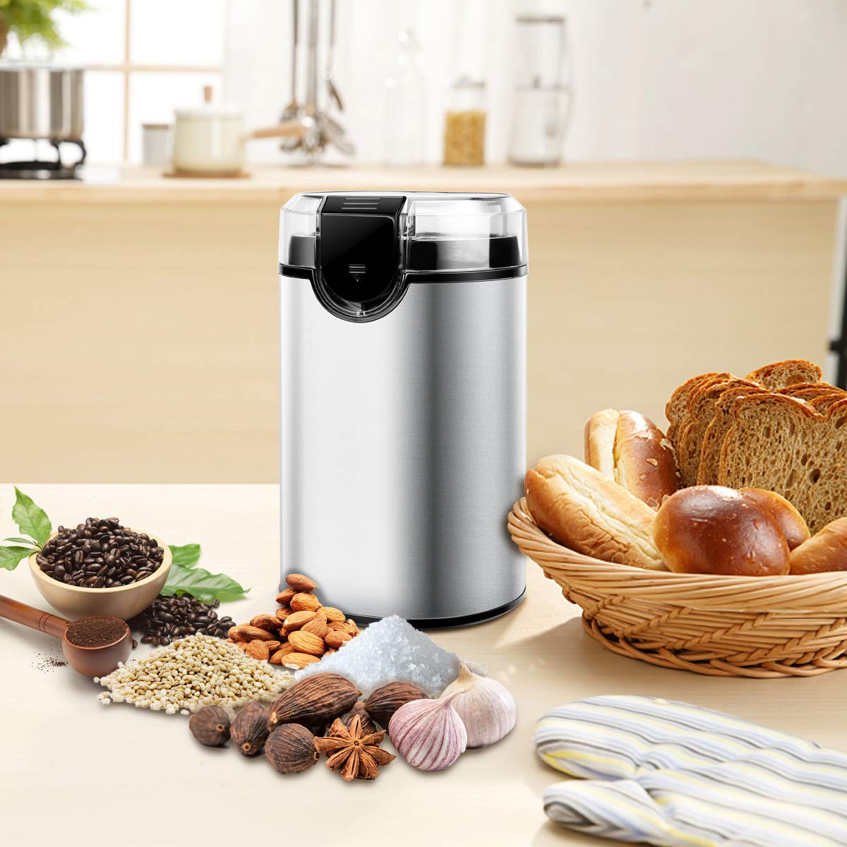 Molinillo de Café Eléctrico, Molinillo de Semillas Especias Frutos Secos con Cuchillas Acero Inoxidable de 150W Potencia Acero Inoxidable Viene con Cepillo para Limpieza, disfrute extraordinaria