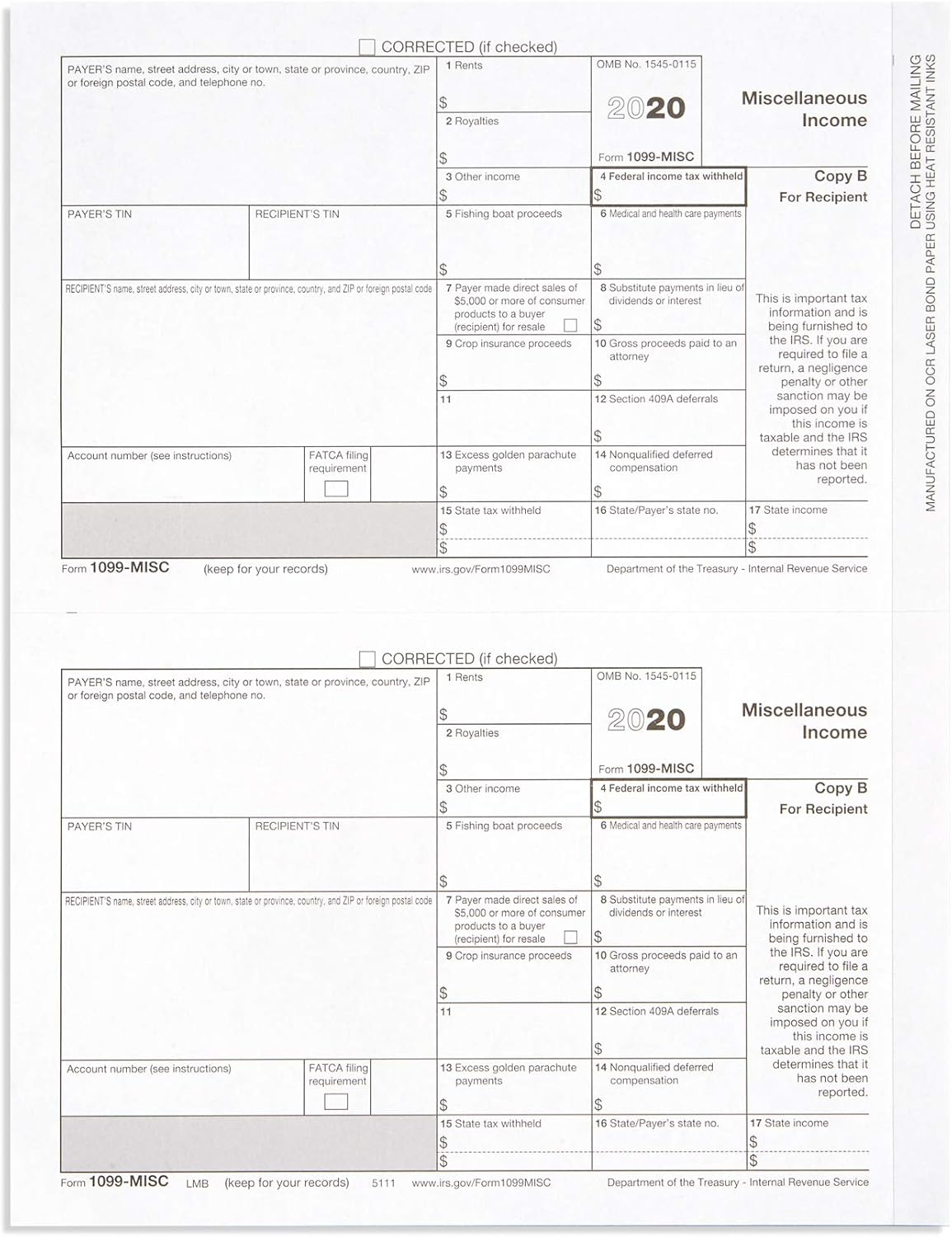 1099 MISC Forms 2020, 5 Part Tax Forms Kit, 50 Vendor Kit of Laser Forms, Compatible with QuickBooks and Accounting Software : Office Products