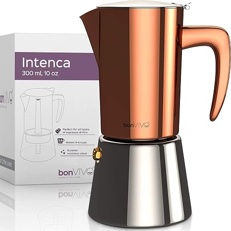 Amazon.com: BonVIVO Intenca - Cafetera de café italiana de lujo, cafetera  de acero inoxidable, cafetera de cuerpo completo, cafetera espresso para 5  a 6 tazas, olla moka de 10 oz, acabado cromado