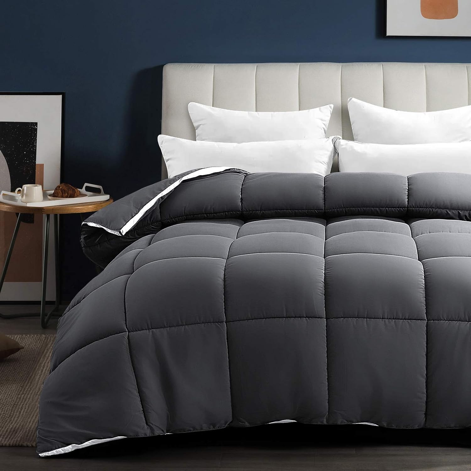 LANELIFE Cal King Size Comforter All Season Soft Quilted Down Alternative Duvet Insert with Corner Tabs, Reversible Winter Warm Fluffy，Breathable Quilt, Dark Grey,96×104 inches: Kitchen & Dining