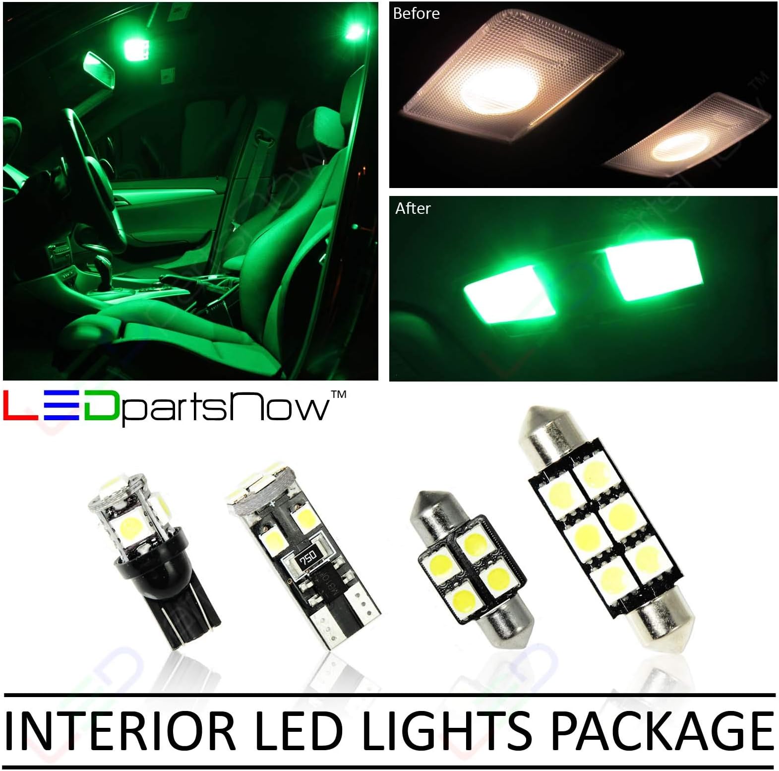 LEDpartsNow Interior LED Lights Replacement for Jeep Grand Cherokee 2011-2014 GREEN Accessories Package Kit (11 Pieces)