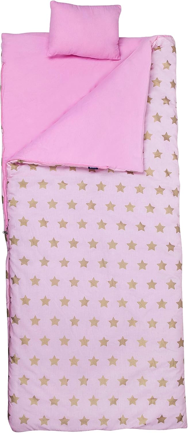 Wildkin Kids Sleeping Bags for Boys and Girls,Perfect Size for Parties, Camping, and Overnight Travel, Sleeping Bag,Cotton Blend Materials,BPA-free, Measures 66 x 1. 5 x 30 Inches(Pink and Gold Stars)